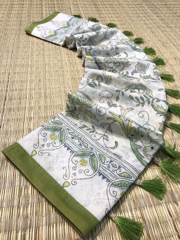 white_&_Green_Pure_Malai_Cotton_Sarees_With_Katha_Print_Work_With_Blouse_Piece_Attached